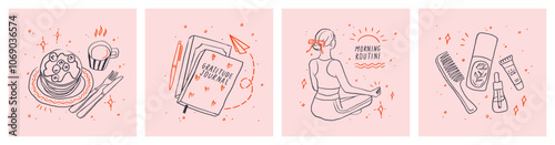 Charming doodle set of morning routine essentials: cozy breakfast items, gratitude journaling, planning, yoga, skincare, and cosmetics. Wellness-focused start to the day, ideal for lifestyle themes.