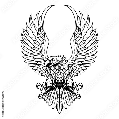 an eagle flying with an angry face vector illustration on white background. black and white vector illustration photo