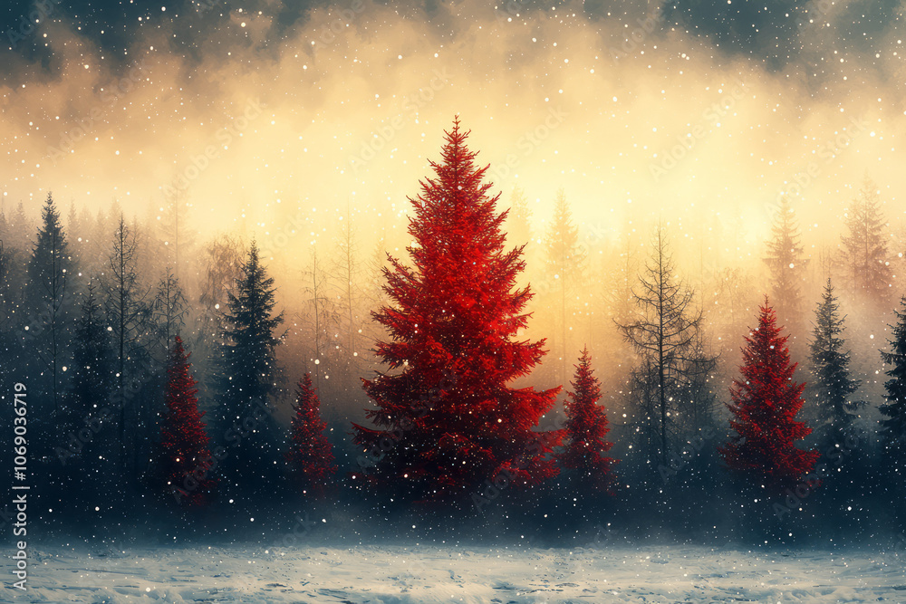 A minimalist Christmas design with abstract retro shapes, blending warm holiday colors and geometric patterns,