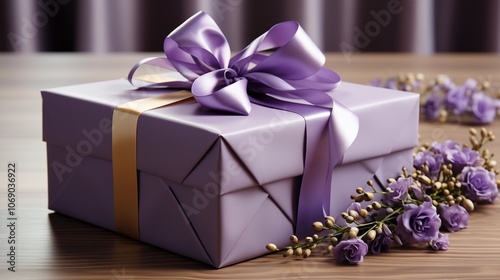 A stunning purple ribbon adds elegance to this gift box, ideal for any festive occasion. photo