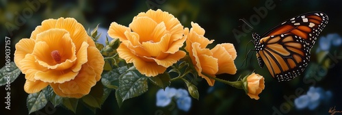 Bright yellow summer flowers, with a butterfly perched on one of the petals. Soft sunlight filters through the leaves, casting a gentle glow that enhances the vibrant colors and whimsical charm. photo