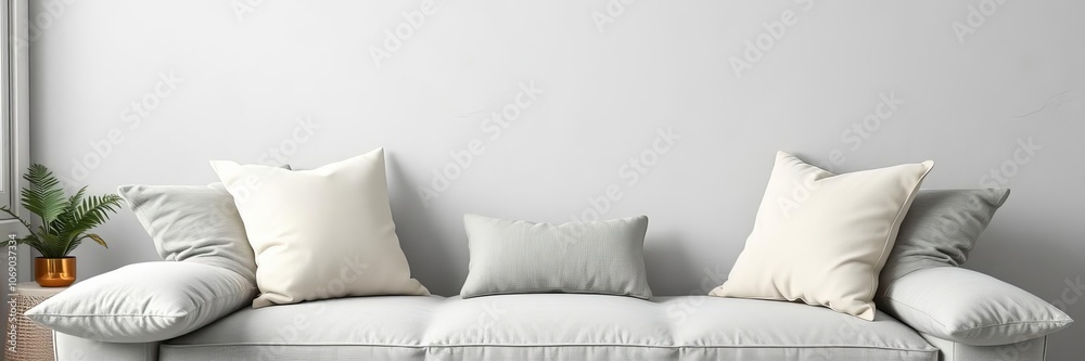 Various grey cushions arranged neatly on a grey background, square, soft Various grey cushions arranged neatly on a grey background, square, soft