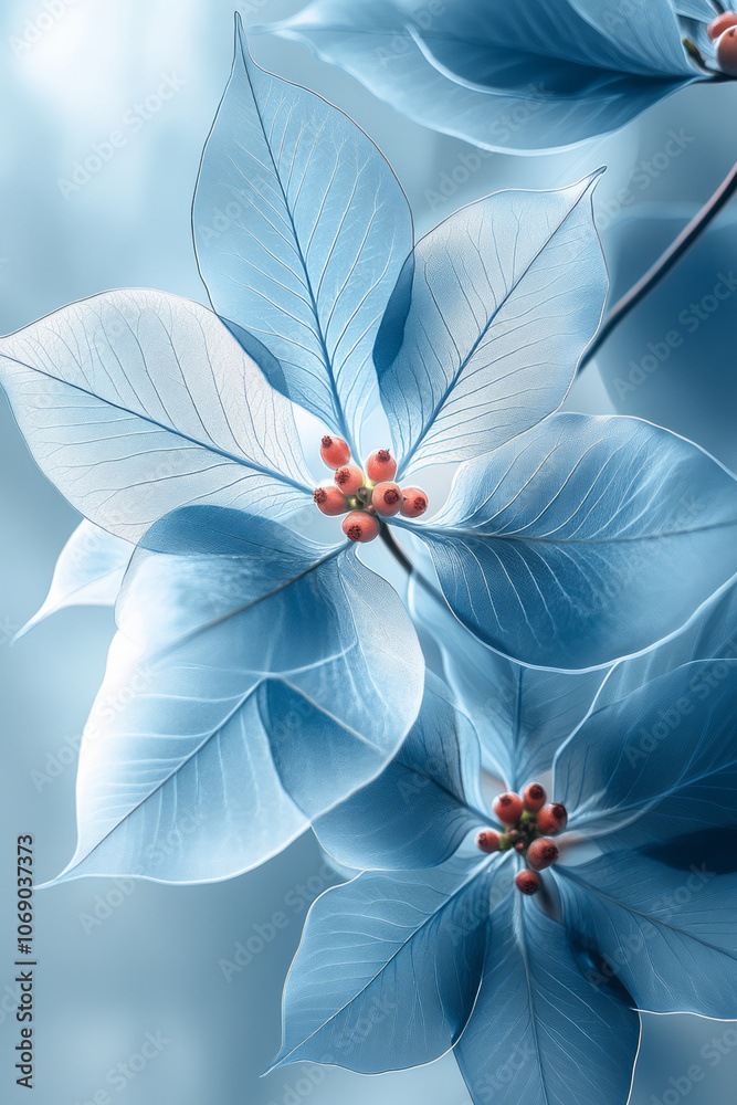 Obraz premium An abstract x-ray floral graphic featuring Christmas poinsettias, berries, and leaves with a frosty, ethereal look,