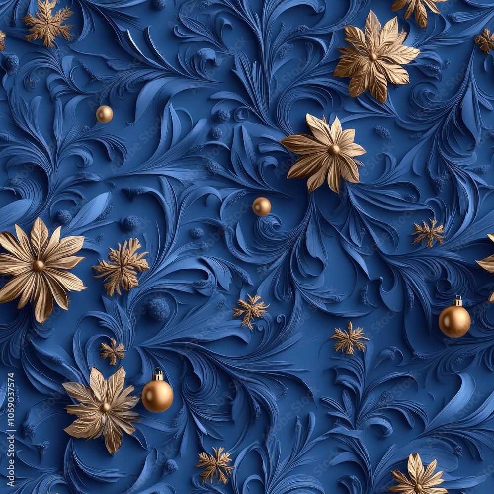 Elegant Blue and Gold Christmas Seamless Pattern with Ornate Baroque Swirls Elegant Blue and Gold Christmas Seamless Pattern with Ornate Baroque Swirls