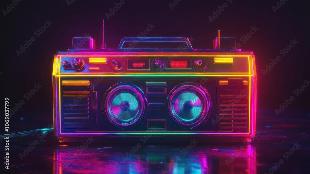 Fototapeta premium Retro Neon Boombox on Dark Background