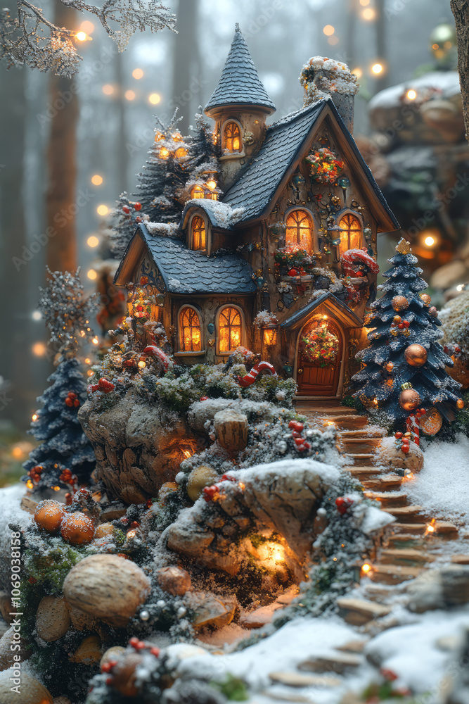 Fototapeta premium Magical Christmas with whimsical trees and ornaments, glowing with fairy lights and surreal holiday decorations,