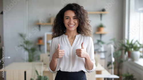 A smiling young Hispanic woman in a white blouse gives two thumbs up in a modern office space, exuding positivity and confidence. Free Download A smiling young Hispanic woman in a white blouse gives two thumbs up in a modern office space, exuding positivity and confidence. - GFXLoad