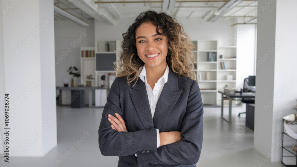 Confident young woman of mixed ethnicity in a tailored suit smiles while standing with arms crossed in a modern office environment. Confident young woman of mixed ethnicity in a tailored suit smiles while standing with arms crossed in a modern office environment.