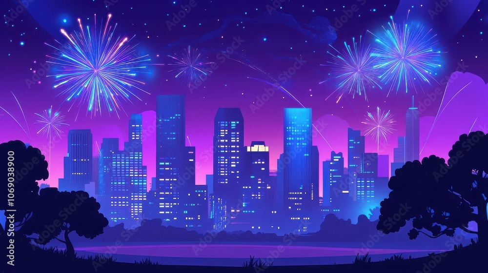 Vibrant Fireworks Display Over City Skyline at Midnight Vibrant Fireworks Display Over City Skyline at Midnight
