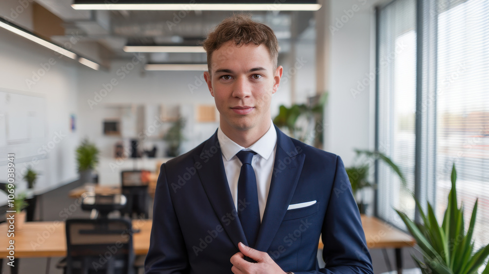 Confident young Caucasian man in a navy suit, adjusting his tie in a modern office space filled with plants, conveying professionalism and ambition. Confident young Caucasian man in a navy suit, adjusting his tie in a modern office space filled with plants, conveying professionalism and ambition.