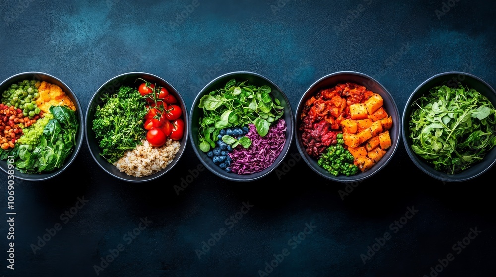Bowls of Fresh Vegetables and Ingredients on Dark Background Bowls of Fresh Vegetables and Ingredients on Dark Background