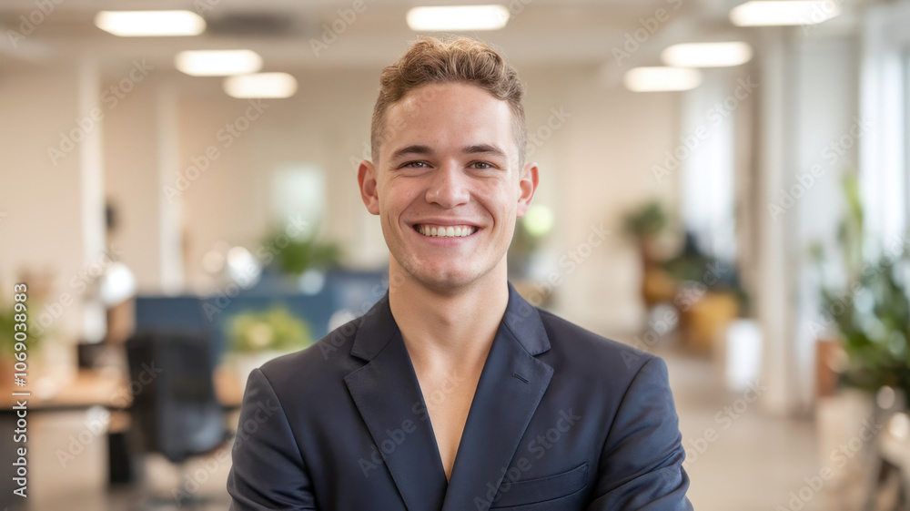 A confident young Caucasian businessman in a dark blazer smiles warmly, showcasing professionalism in a modern office environment filled with plants and natural light. A confident young Caucasian businessman in a dark blazer smiles warmly, showcasing professionalism in a modern office environment filled with plants and natural light.