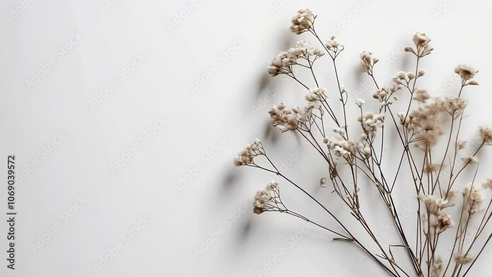 White flowers on thin stems are arranged on a white surface White flowers on thin stems are arranged on a white surface