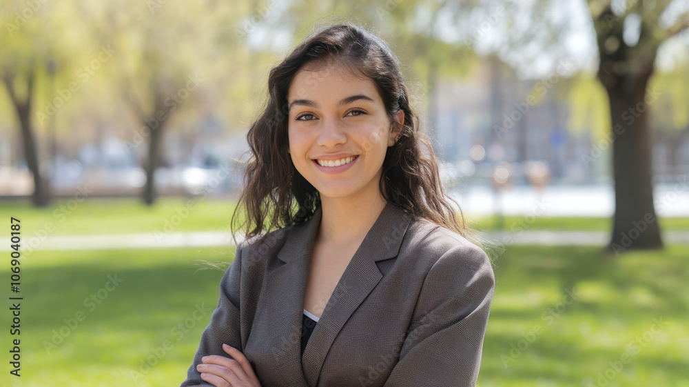 A confident young woman of Hispanic descent stands outdoors with her arms crossed, smiling warmly in a professional suit, surrounded by lush greenery. A confident young woman of Hispanic descent stands outdoors with her arms crossed, smiling warmly in a professional suit, surrounded by lush greenery.