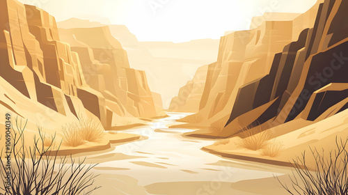 A river flows through a narrow canyon with rocky walls and a golden glow.