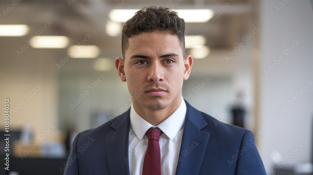 A confident Hispanic male professional in a tailored suit and red tie, standing in a modern office setting, exuding determination and focus. A confident Hispanic male professional in a tailored suit and red tie, standing in a modern office setting, exuding determination and focus.