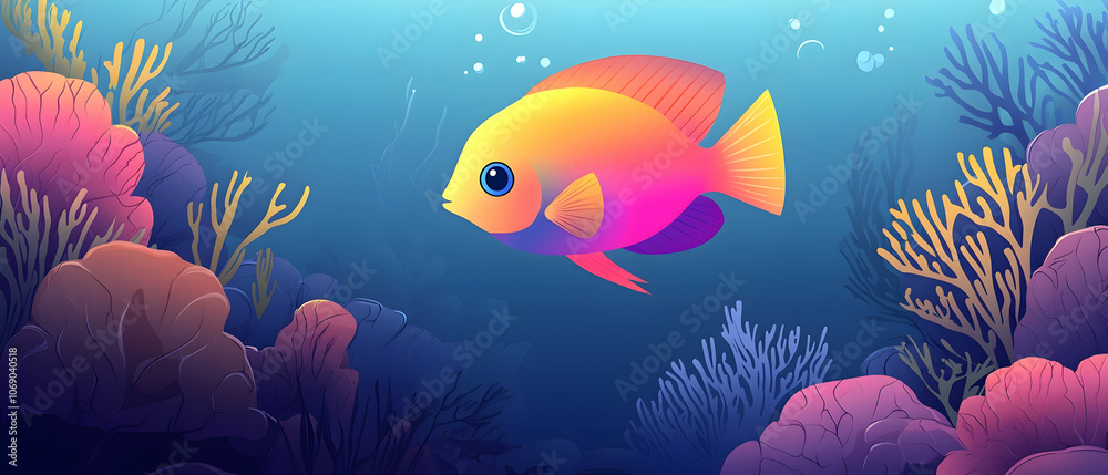A single, colorful fish swims through a vibrant underwater world. A single, colorful fish swims through a vibrant underwater world.