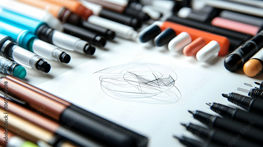 A variety of pens and markers surrounding a white sheet of paper with a scribble on it. A variety of pens and markers surrounding a white sheet of paper with a scribble on it.