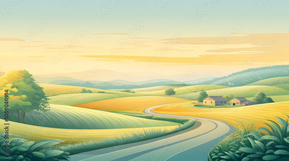A winding road leads through a serene, rolling countryside landscape. A winding road leads through a serene, rolling countryside landscape.