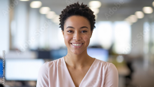 A young Black woman with curly hair smiles warmly in a modern office environment, exuding confidence and positivity amid a blurred backdrop of workstations.