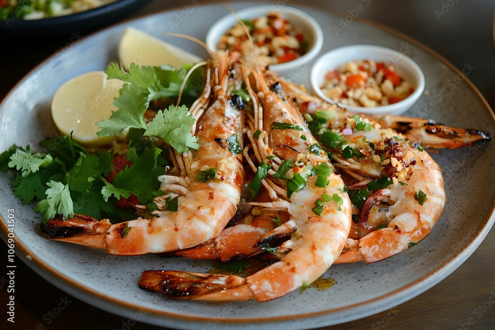 Delicious Thai Grilled Prawns with Lemongrass and Chili, seafood, grilling, cuisine, herbs Delicious Thai Grilled Prawns with Lemongrass and Chili, seafood, grilling, cuisine, herbs