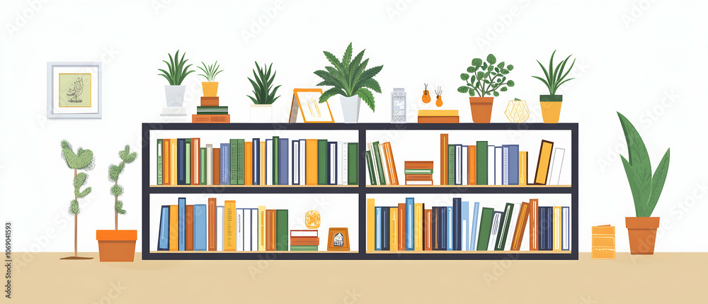 Bookshelf with plants and decorations. Bookshelf with plants and decorations.