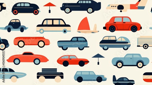 Colorful Retro Car Pattern with Travel Elements

