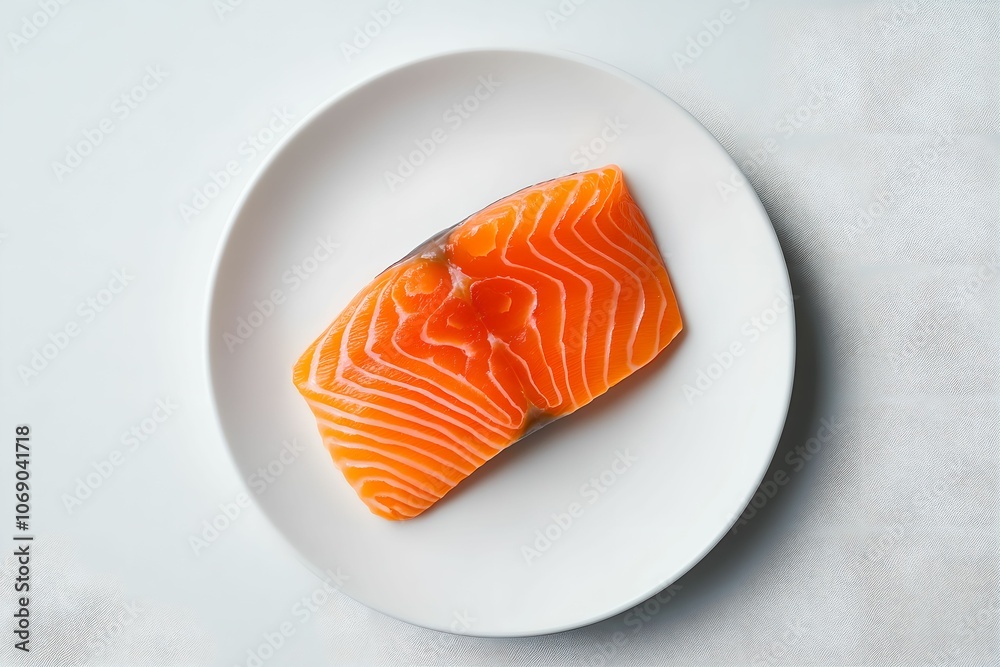 Fresh Vibrant Salmon Slice on White Plate, fish, food, raw, orange