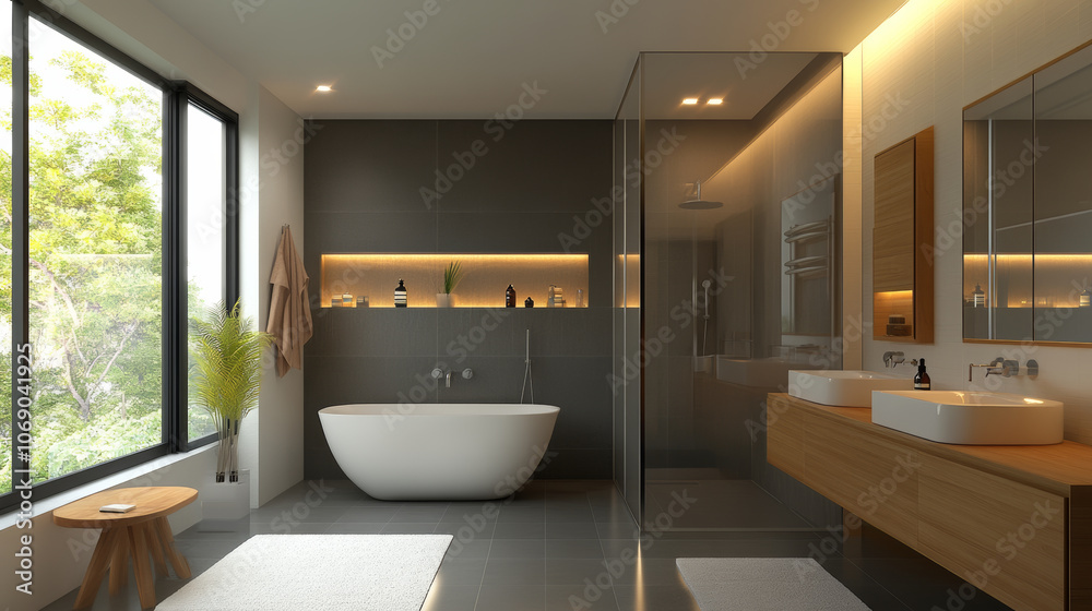Modern bathroom design features freestanding tub, sleek fixtures, and natural light. minimalist aesthetic is enhanced by wood accents and greenery, creating serene atmosphere Modern bathroom design features freestanding tub, sleek fixtures, and natural light. minimalist aesthetic is enhanced by wood accents and greenery, creating serene atmosphere