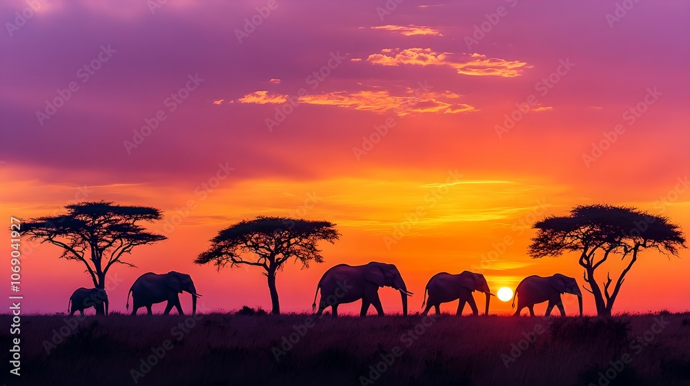 Majestic Elephants Silhouetted by Acacia Trees at Sunset, savannah, wildlife, nature, Africa