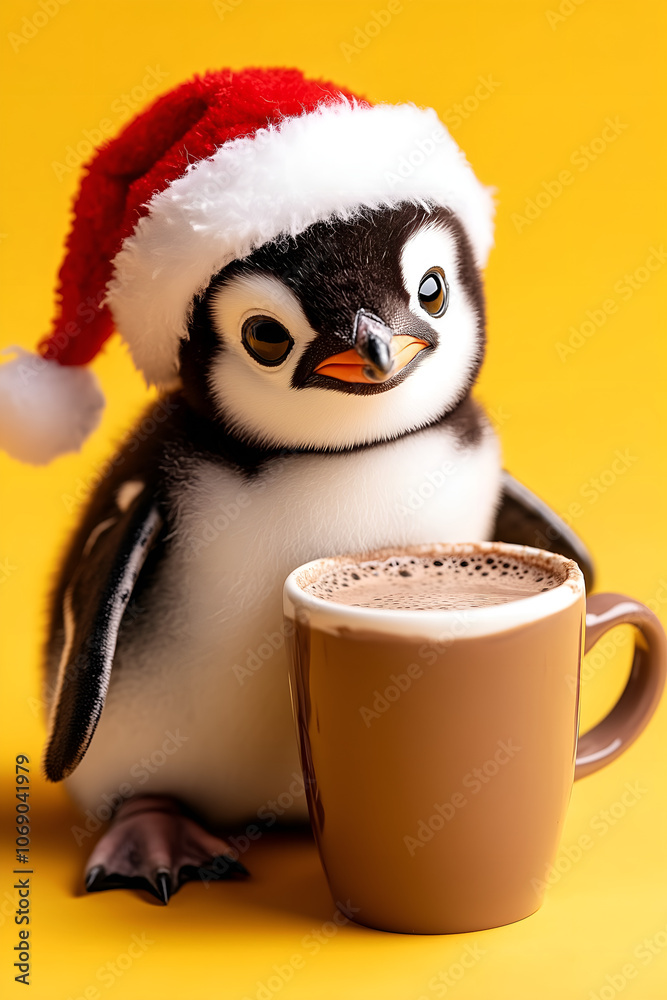 Fototapeta premium christmas winter penguin in santa hat and holding a cup of hot drink isolated over yellow background
