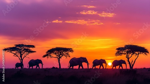 Majestic Elephants Silhouetted by Acacia Trees at Sunset, savannah, wildlife, nature, Africa