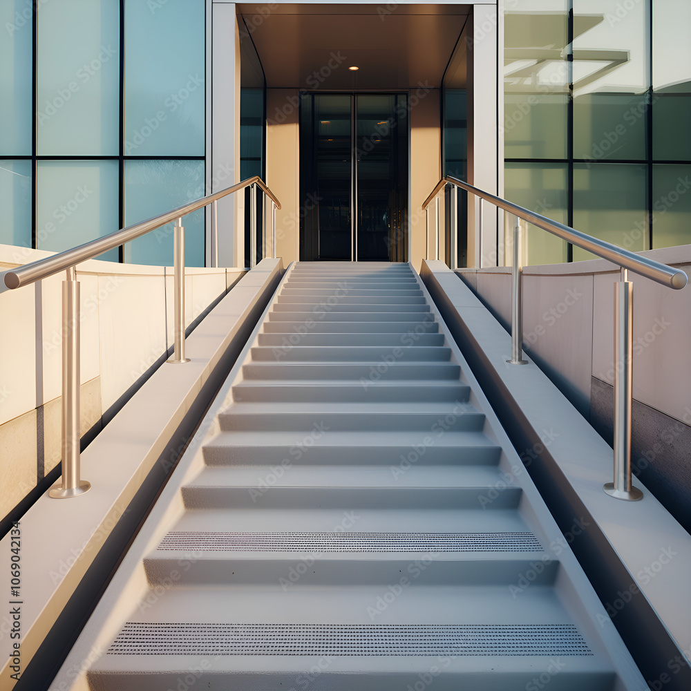 Obraz premium Modern building with curving staircase and accessible ramp under blue sky, showcasing inclusive architectural design and clean lines
