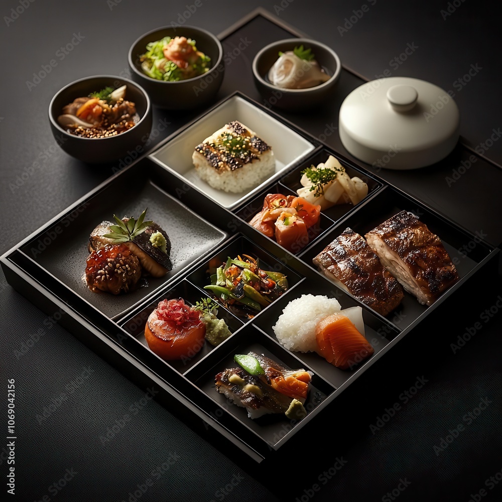 A beautifully arranged Japanese bento box featuring various dishes, showcasing colorful ingredients and exquisite presentation. A beautifully arranged Japanese bento box featuring various dishes, showcasing colorful ingredients and exquisite presentation.