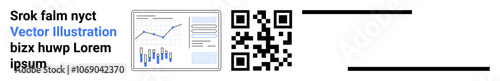 Business analytics dashboard with various charts, QR code, and sample text for data presentation. Ideal for business, analytics, statistical analysis, data visualization, information technology
