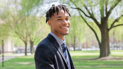 A smiling young Black man in a business suit stands outdoors in a park, showcasing confidence and professionalism against a backdrop of lush green trees.