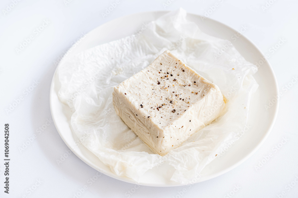 水抜きした豆腐に塩とブラックペッパーをかける 水抜きした豆腐に塩とブラックペッパーをかける