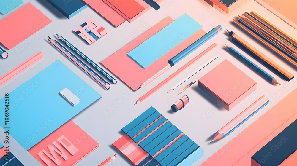 Flat lay of colorful pencils, erasers, and geometric shapes on a pastel background. Flat lay of colorful pencils, erasers, and geometric shapes on a pastel background.