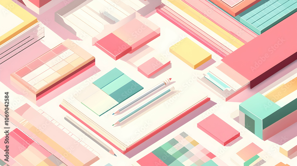 Flat lay of colorful stationery items, including pencils, paper, and sticky notes. Flat lay of colorful stationery items, including pencils, paper, and sticky notes.
