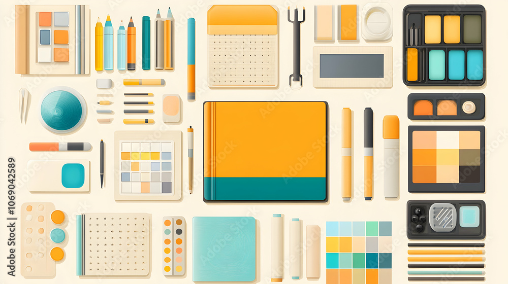 Flat lay of various art supplies and stationery items on a beige background. Flat lay of various art supplies and stationery items on a beige background.