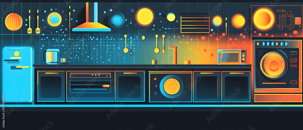 Futuristic kitchen with glowing appliances and digital decor. Futuristic kitchen with glowing appliances and digital decor.