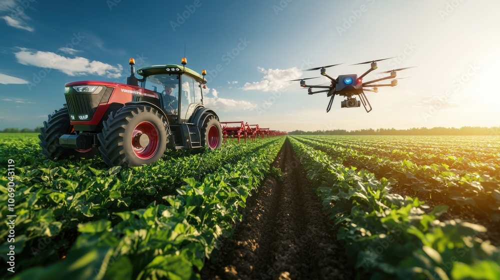 Futuristic Smart Farm with Drone and Tractor Futuristic Smart Farm with Drone and Tractor