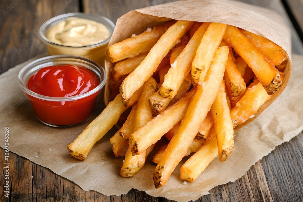 Delicious Crispy French Fries with Ketchup and Mayonnaise, food, snack, side, appetizer Delicious Crispy French Fries with Ketchup and Mayonnaise, food, snack, side, appetizer