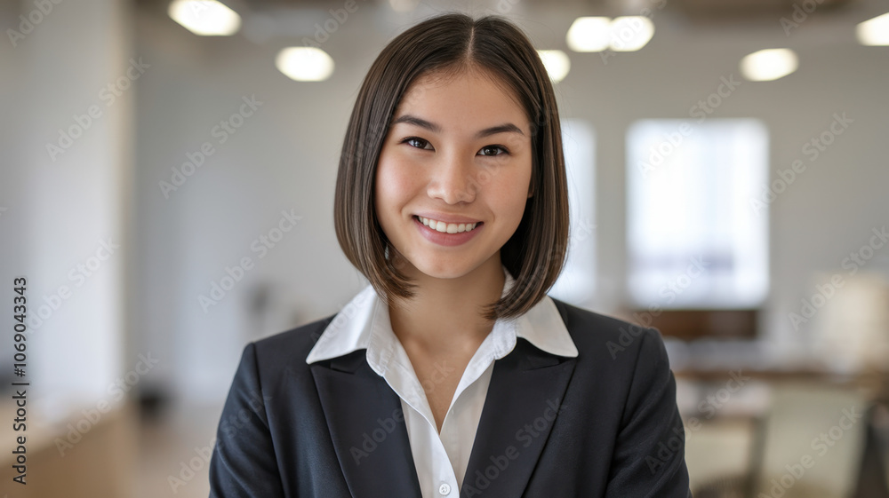 Naklejka premium Confident young Asian woman in a professional setting, smiling warmly while wearing a stylish black suit and white shirt, exuding positivity and a professional demeanor.