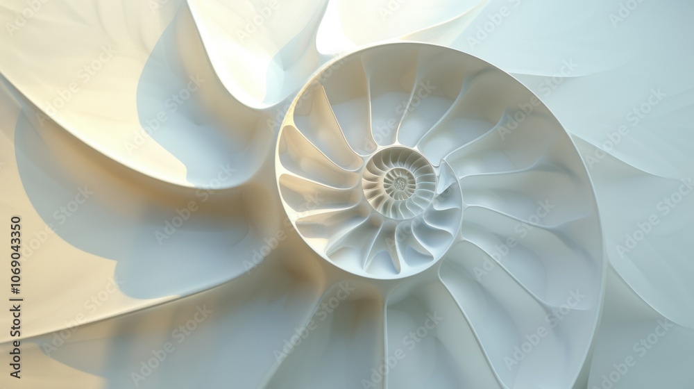 Obraz premium Nautilus shell highlighted in an abstract background, showing its iconic spiral. The shell's geometric design adds a unique touch to the wallpaper.
