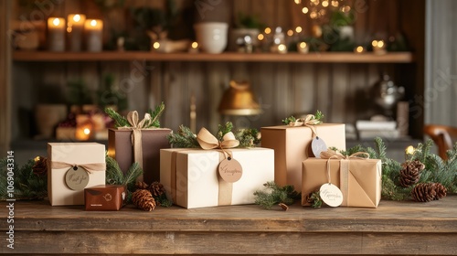 Stylish Christmas gift boxes with branded tags and natural ribbon displayed on a rustic wooden counter.