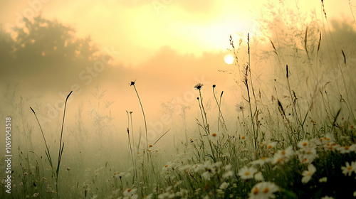 Misty sunrise over a field of wildflowers. (1)