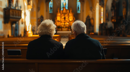 Elderly couple enjoying quiet moment in historic church, surrounded by beautiful architecture and warm light. Their bond is evident in this serene setting