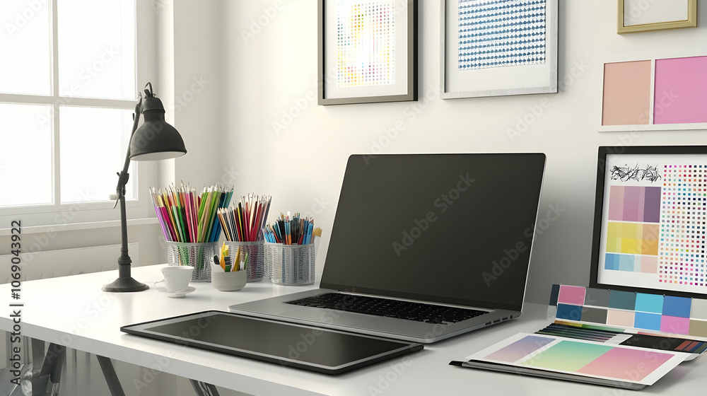 Modern minimalist home office desk with laptop, tablet, and art supplies. Modern minimalist home office desk with laptop, tablet, and art supplies.