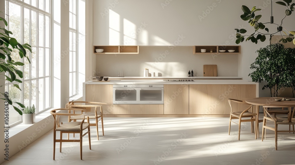 Modern Minimalist Kitchen with Wooden Accents and Sunlight Streaming Through Large Windows Modern Minimalist Kitchen with Wooden Accents and Sunlight Streaming Through Large Windows